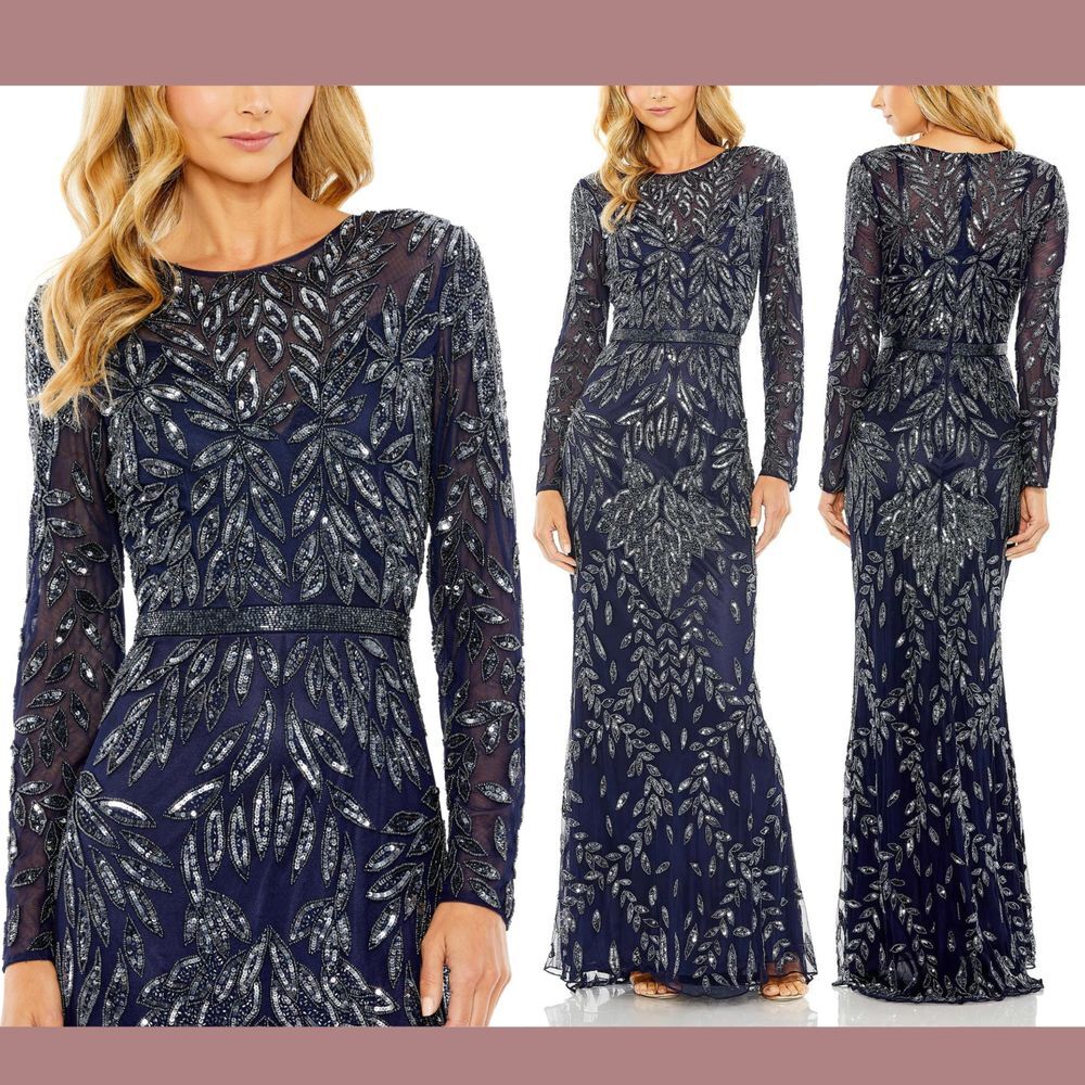 NWT Mac Duggal [ 14 ] 6023 Long Sleeve Illusion‎ Neckline Embellished Gown Blue